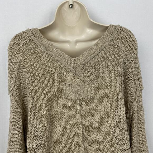 POL Sweater Womens Medium Taupe Double V Neck Oversized Slouchy Chunky Open Knit - Picture 6 of 14